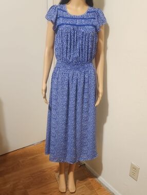 GAP Blue Printed Short-Sleeve Smocked Midi Dress